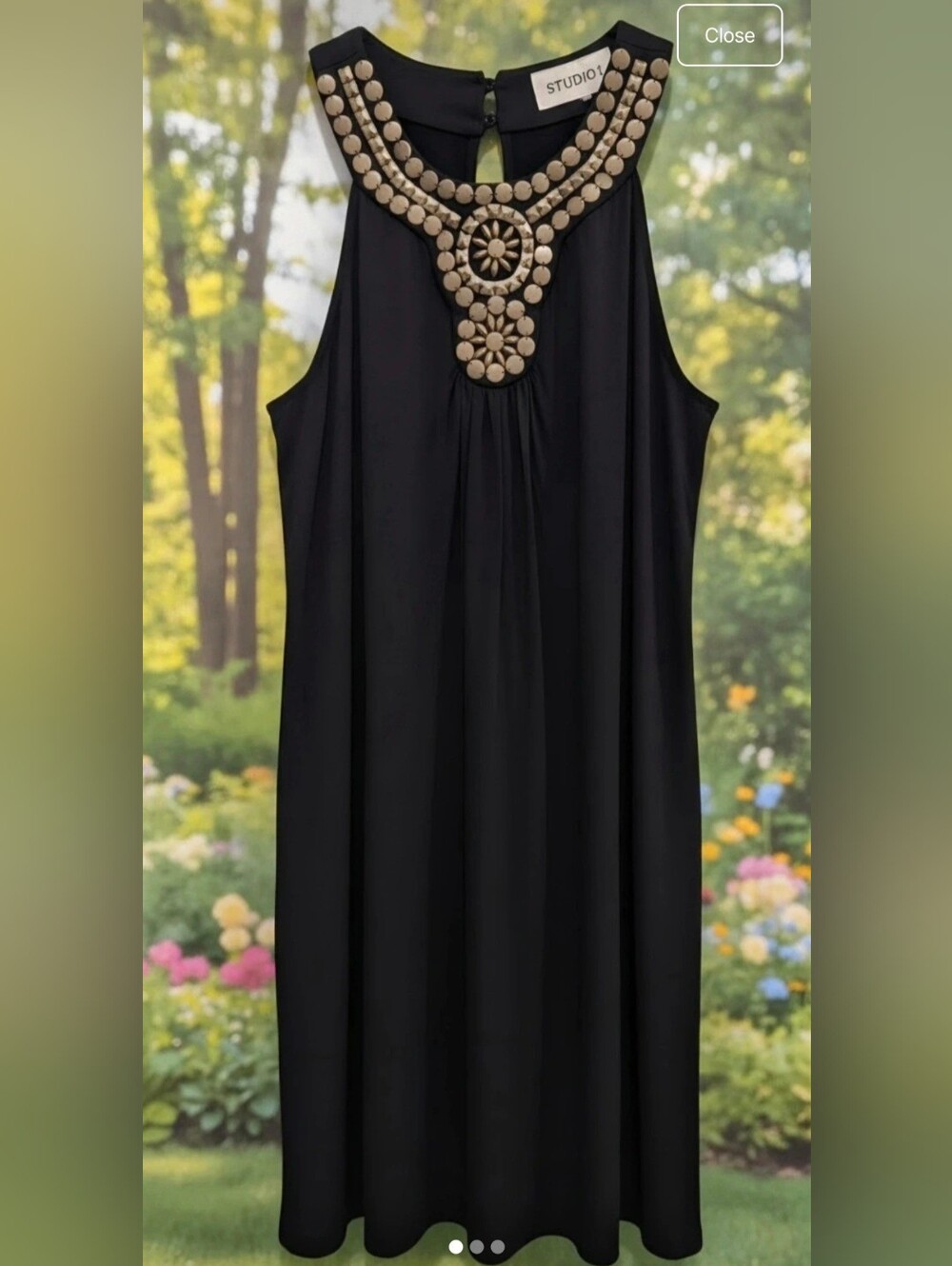 Studio I Black Dress with Gold Medallion Neckline